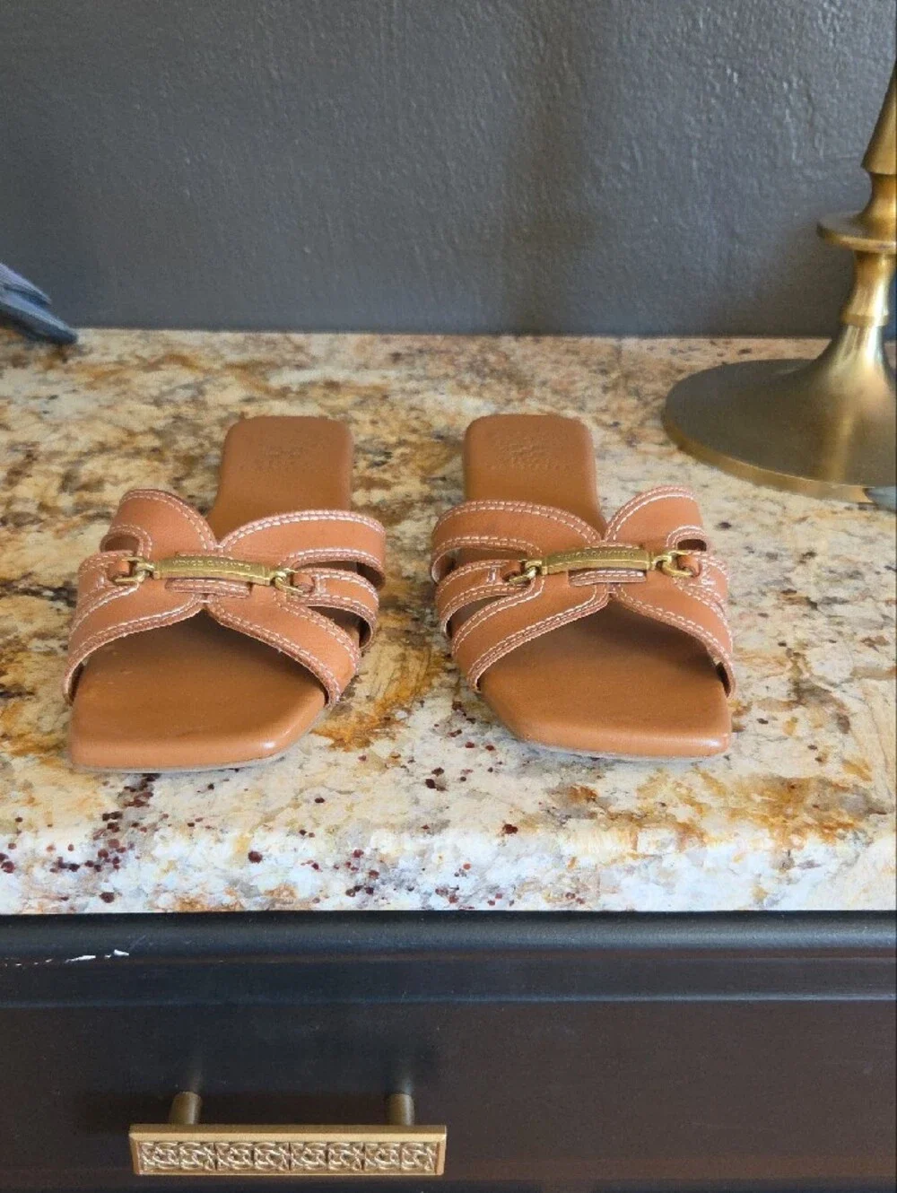 Vince Camuto Tan Leather Slide with Gold Accent